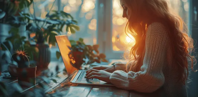 Businesswoman typing on laptop at desk with tablet reflection and warm window light