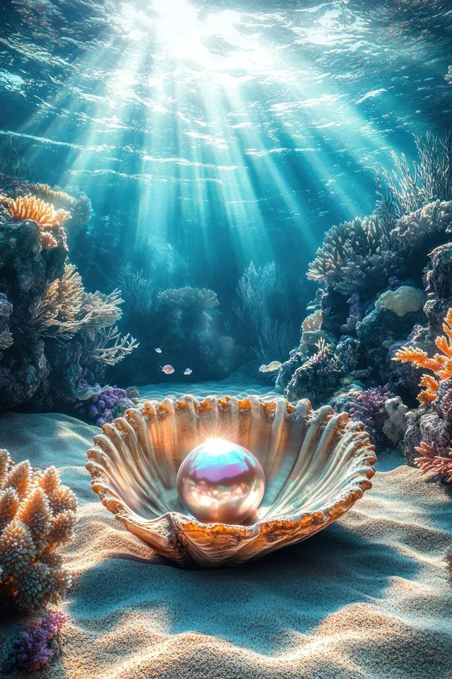 An open clam shell on a coral reef glows with a pearl as sunlight rays beam through clear seawater.