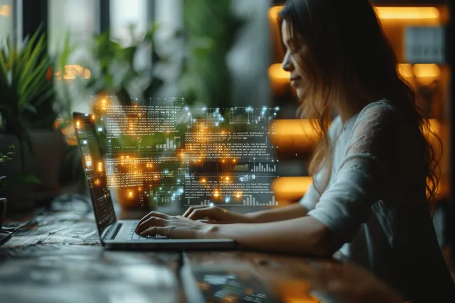 Businesswoman using laptop to manage documents and virtual folders with digital checklist glow