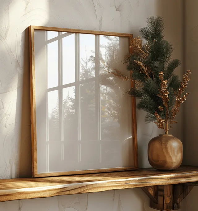 A4 frame mockup on light wood shelf with pine tree decor and window light