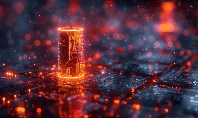 Neon-lit lithium battery module glowing over dark futuristic circuit landscape, energy storage concept