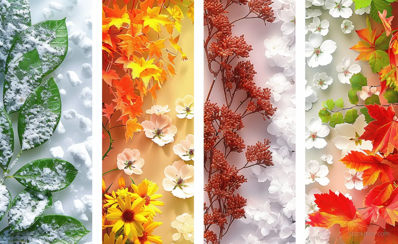 Four vertical seasonal panels display winter snow, spring blossoms, summer leaves, and autumn foliage.