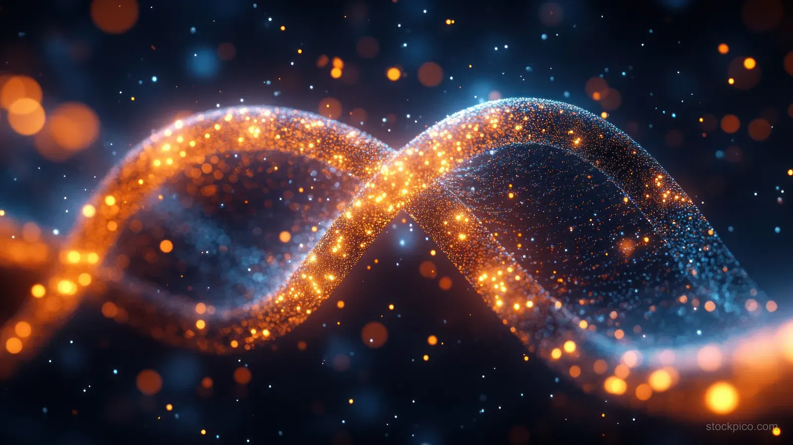 An illuminated gold DNA double helix glows against a dark, sparkly bokeh scientific background.
