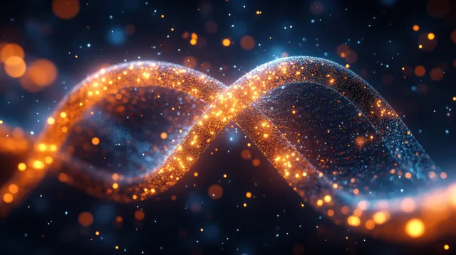An illuminated gold DNA double helix glows against a dark, sparkly bokeh scientific background.