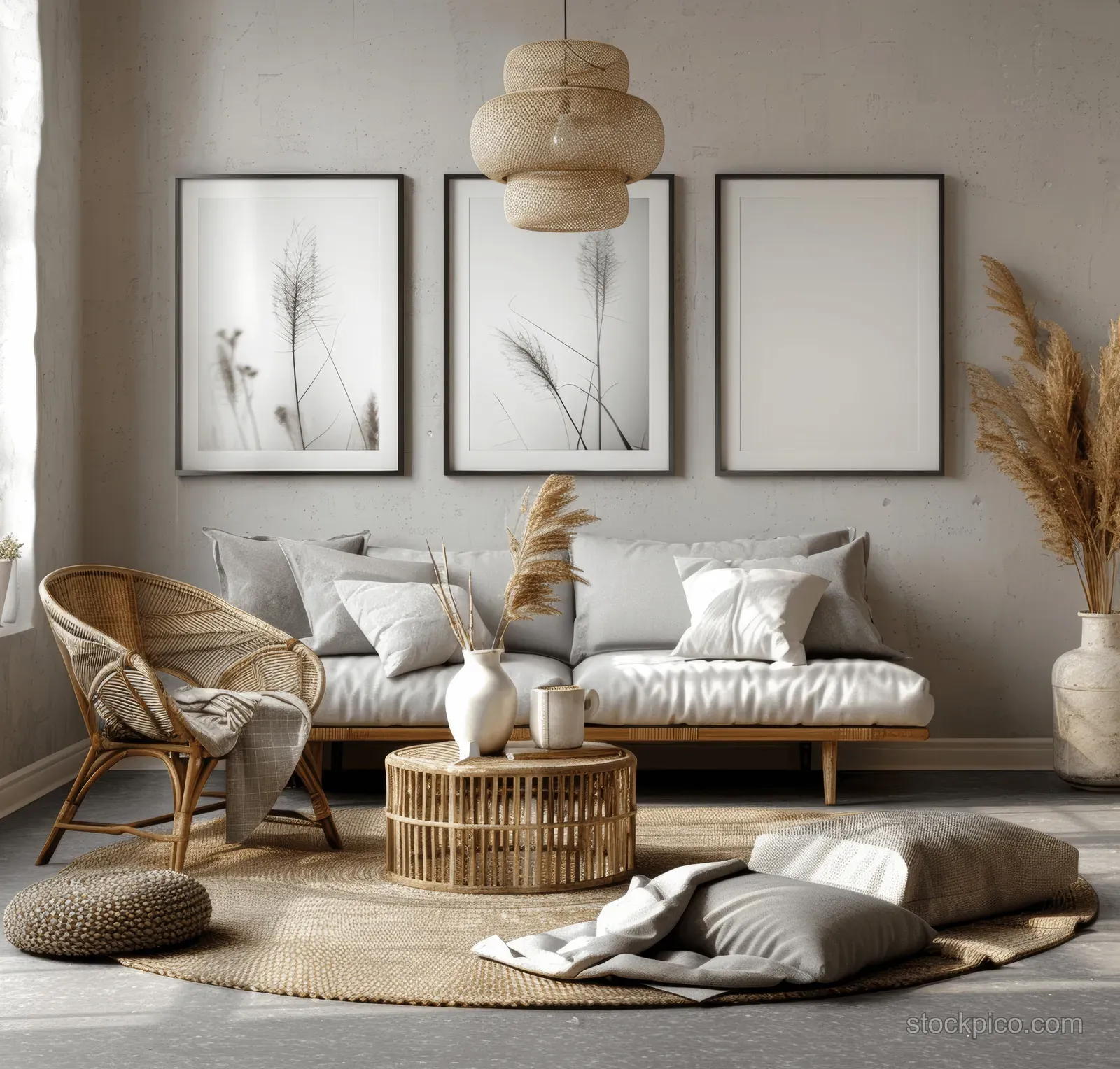 Scandinavian living room with light gray sofa, woven chair, framed prints, pendant lamp, and vase of wildflowers.