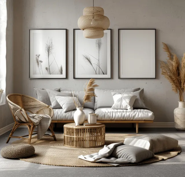 Scandinavian living room with light gray sofa, woven chair, framed prints, pendant lamp, and vase of wildflowers.