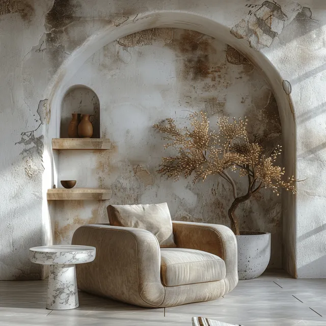 A beige armchair sits in a minimalist living room with arched shelves and an empty framed canvas on textured walls.