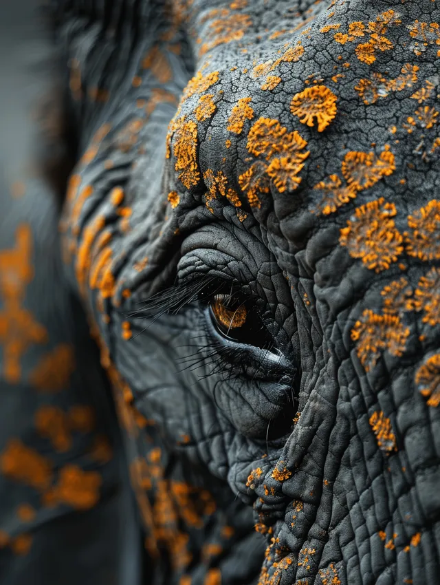 Close-up of an elephant’s eye with detailed skin folds and orange lichen patches.