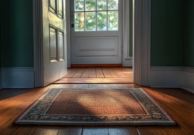 Sunlight from a window lights an open doorway and a patterned rug on a wooden floor.