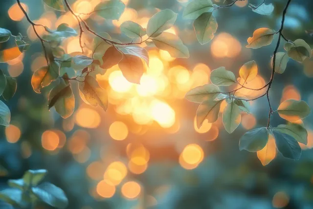 Hojas verdes sobre un bokeh de luz solar cálida crean un efecto soñador de sombras moteadas sobre un fondo desenfocado.