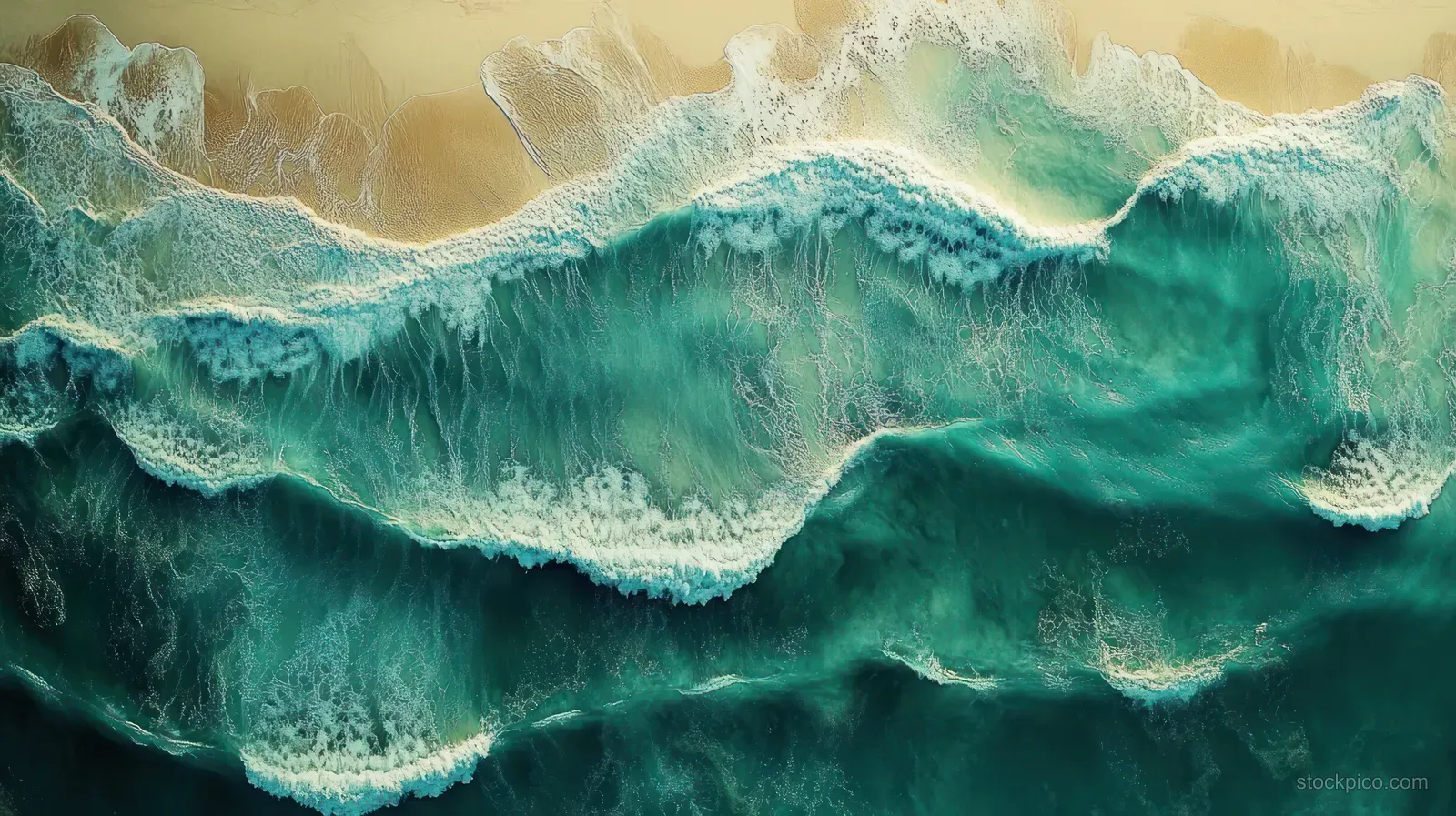 Aerial view of turquoise ocean waves crashing onto a sandy beach, leaving white foam patterns.