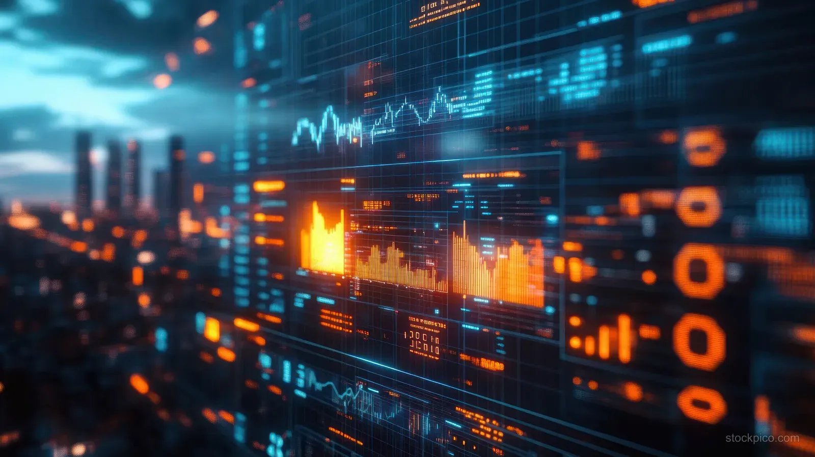 Glowing financial charts and candlestick graphs overlay a dark digital banking data grid.