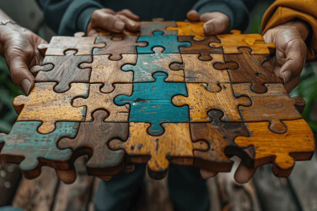 Diverse business hands assemble a colorful jigsaw puzzle in an office desk scene