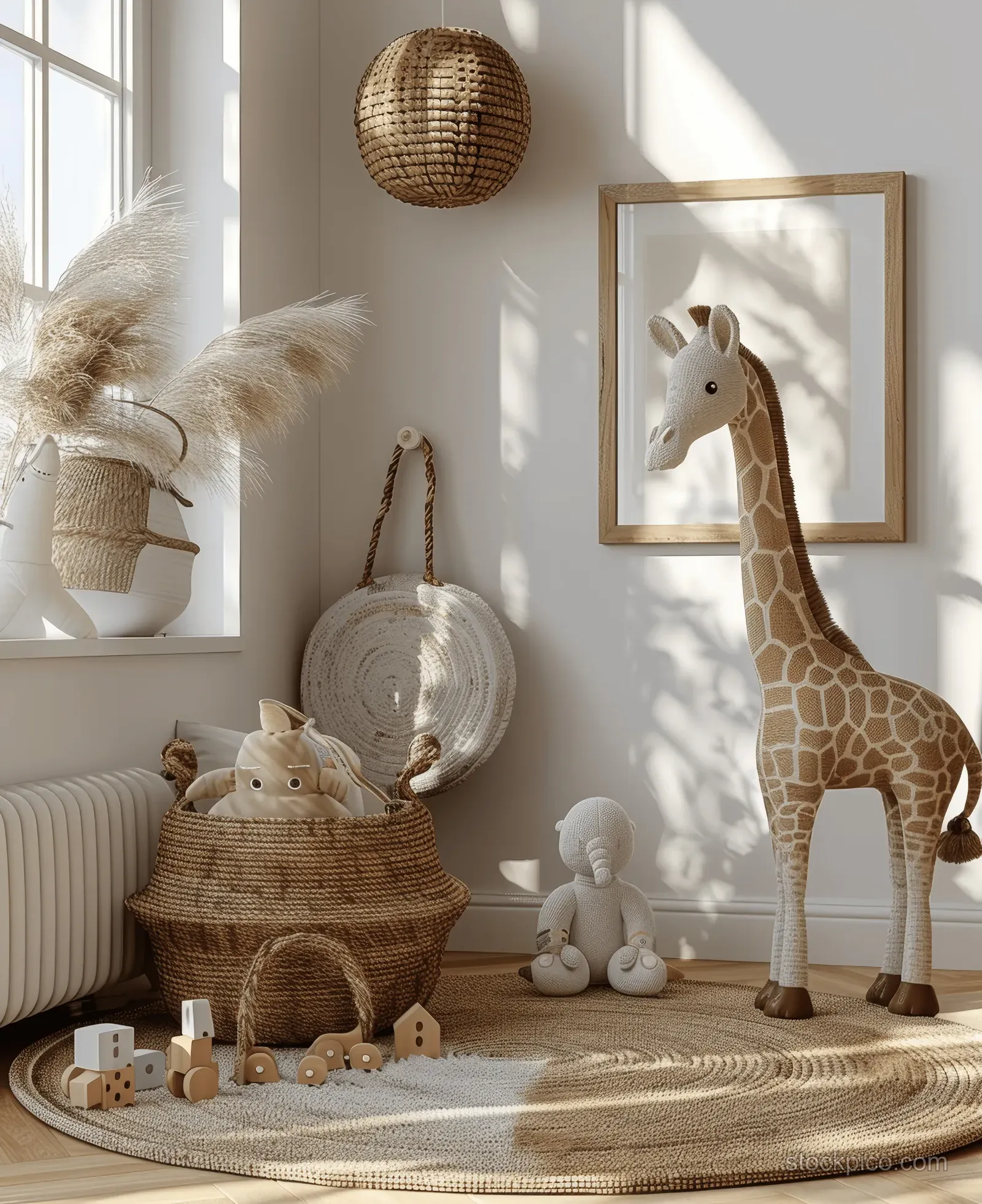 Scandinavian nursery with natural wood toys, a giraffe decoration, woven baskets, and sunlight through windows.