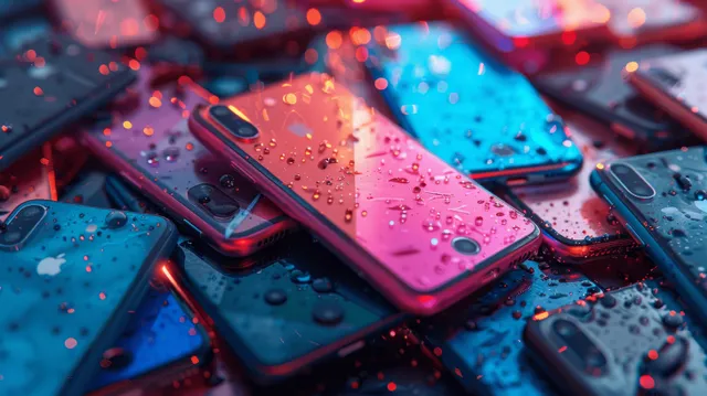 Heap of smartphones on a table with scattered parts and water droplets in 3D