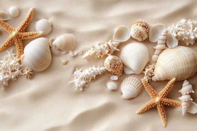 Beach shells and starfish scattered on sandy shore, soft natural light and shadows