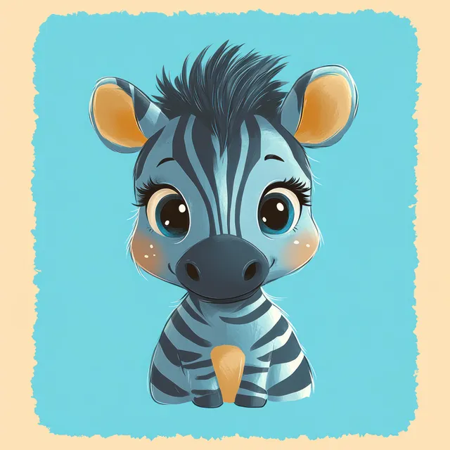 Cute cartoon zebra calf sitting, big expressive eyes, soft stripes, blue backdrop, beige border