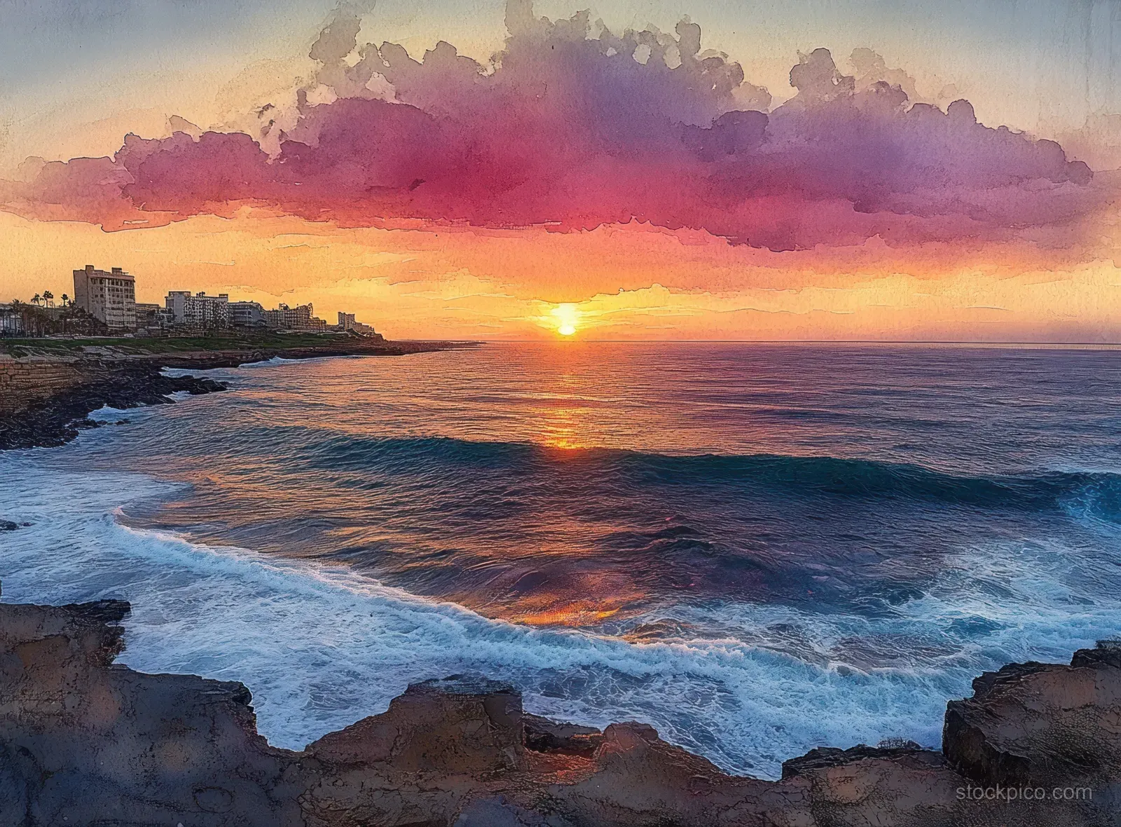 Watercolor sunset over a rocky coastline with gentle ocean waves and a glowing horizon reflection.