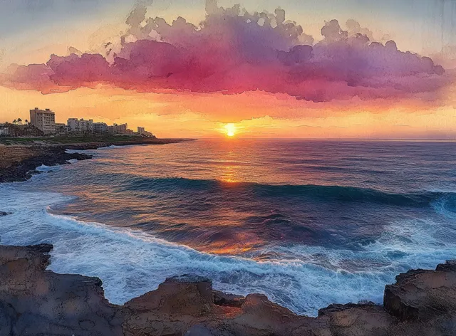 Sunset watercolor over rocky coastline with gentle waves and glowing horizon line