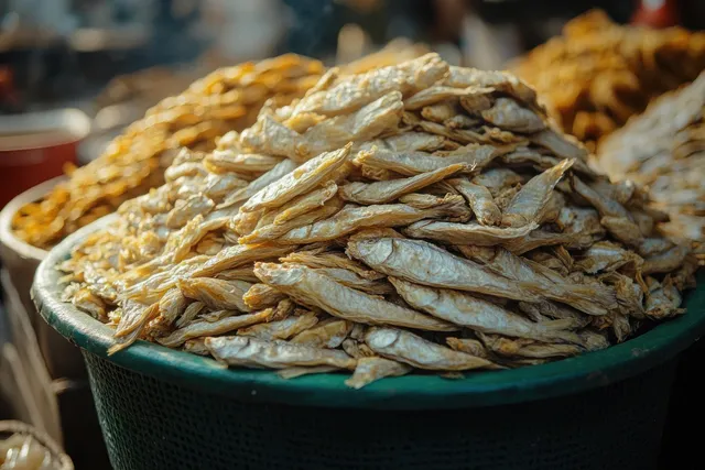 Salted anchovies piled on a blue tray while a bustling market background stays softly blurred.