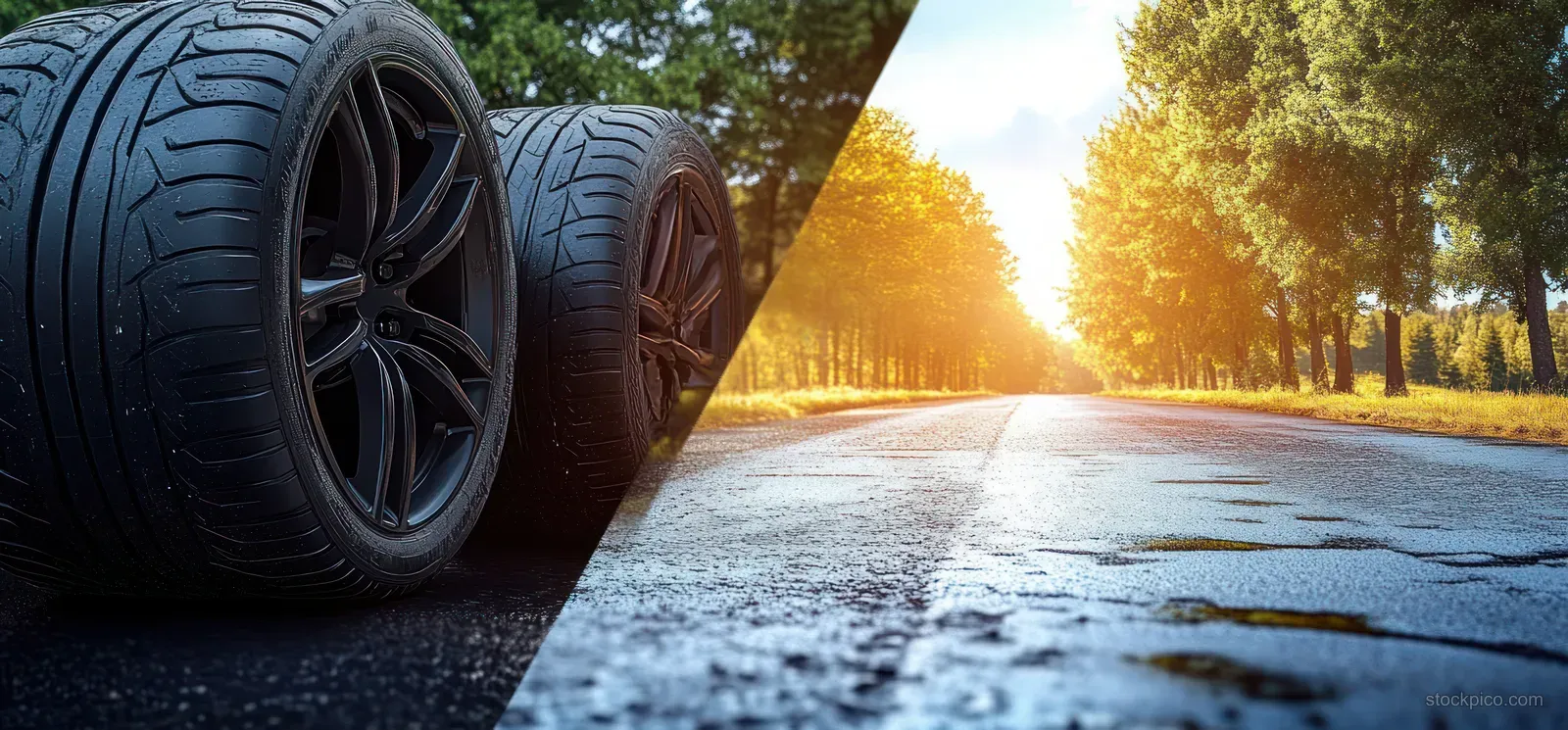 Split view of summer and winter car tires on a road with sunset sunlight and frosty snow texture.