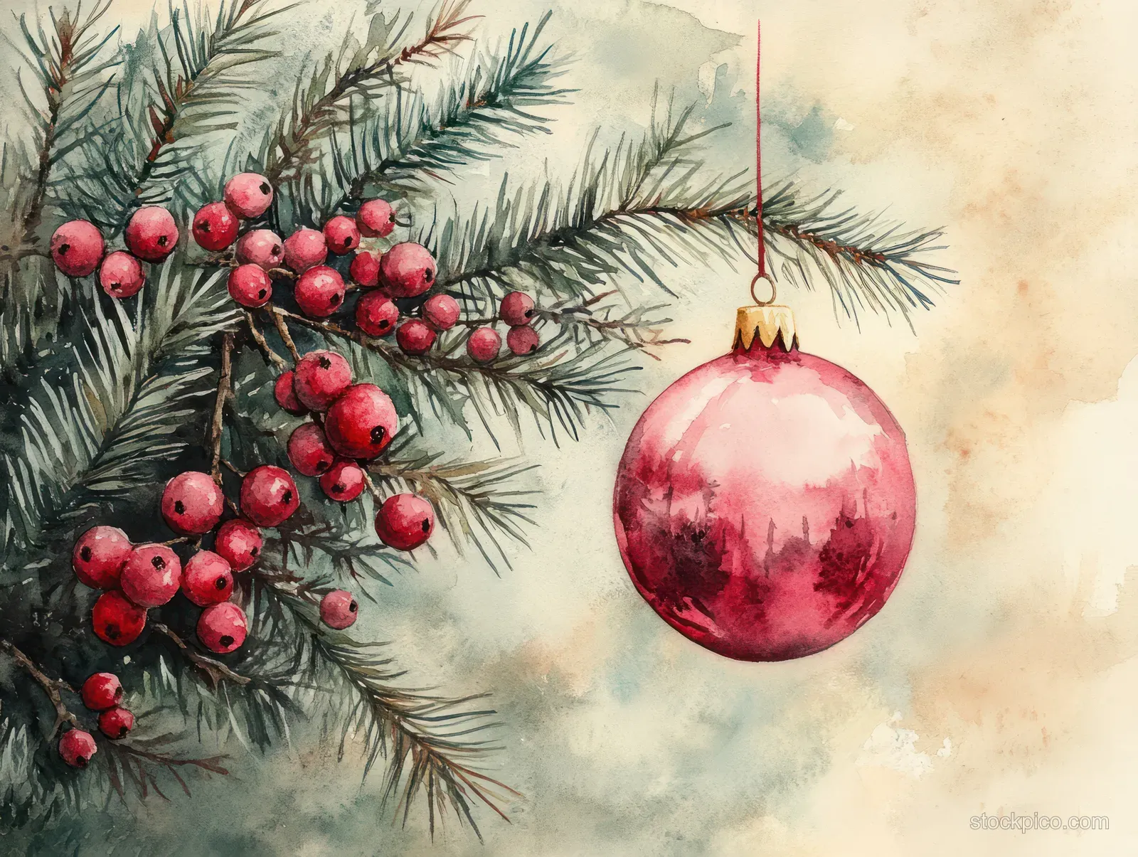 Watercolor pine branches with red berries hold a hanging pink Christmas ornament against a snowy light background.
