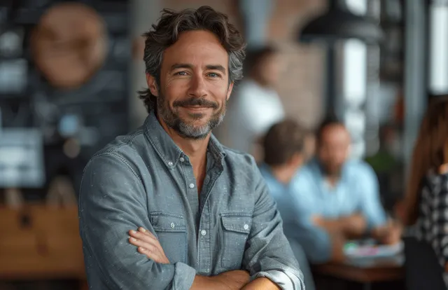 Smiling man with arms crossed at an office desk, with coworkers collaborating on a business project in the blurred background.