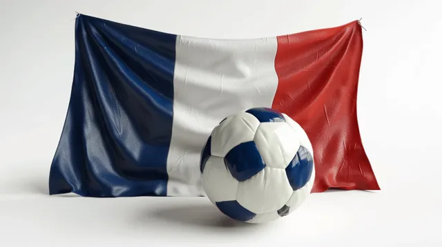 3D soccer ball in front of waving French flag, isolated on white background