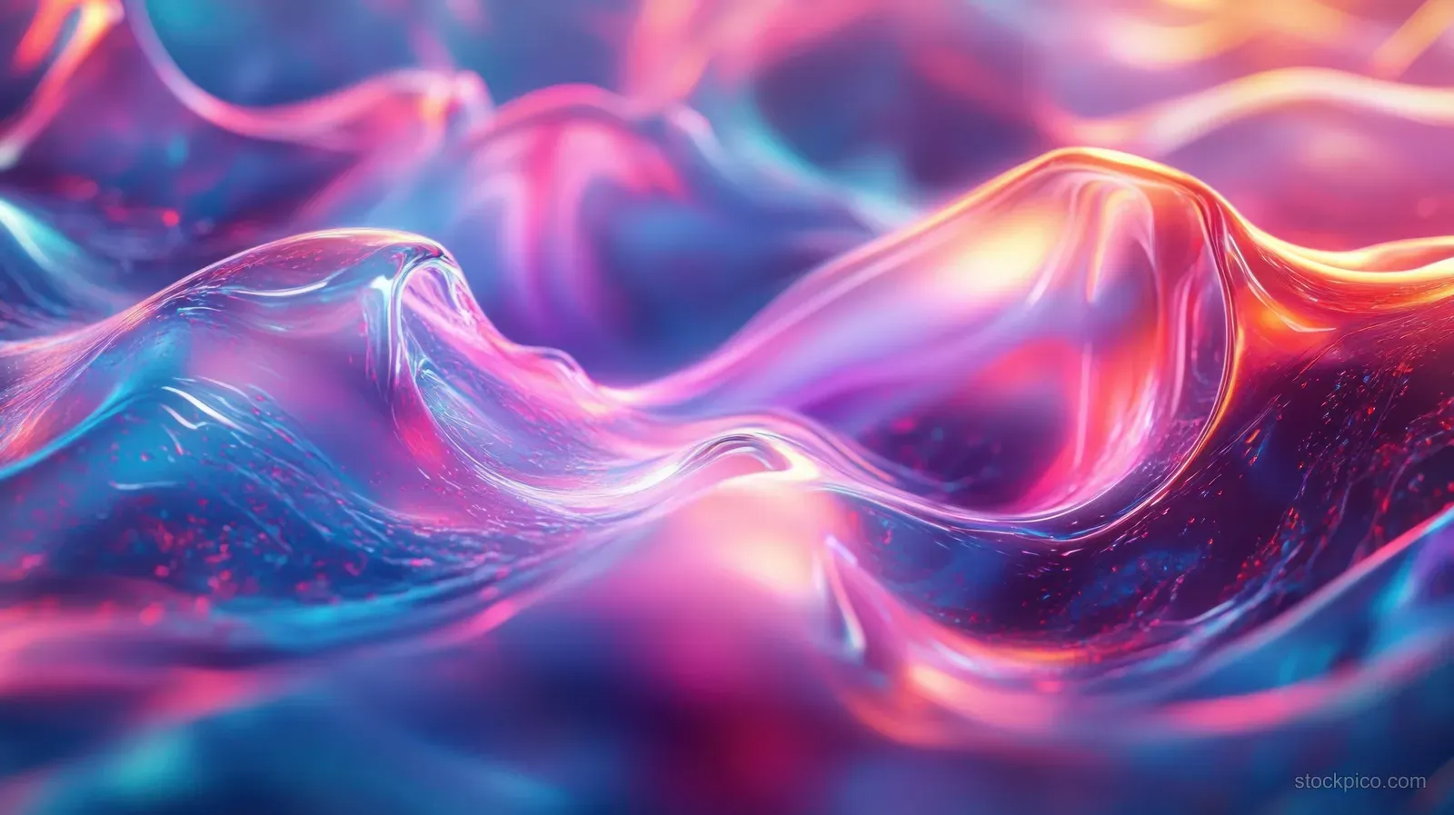 Iridescent neon light waves ripple over a glossy abstract surface with glowing reflections and flowing color ribbons.
