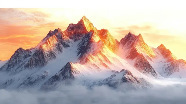 Snowy mountain peaks glow in warm golden light during golden hour, surrounded by dramatic layered clouds in a serene winter landscape.