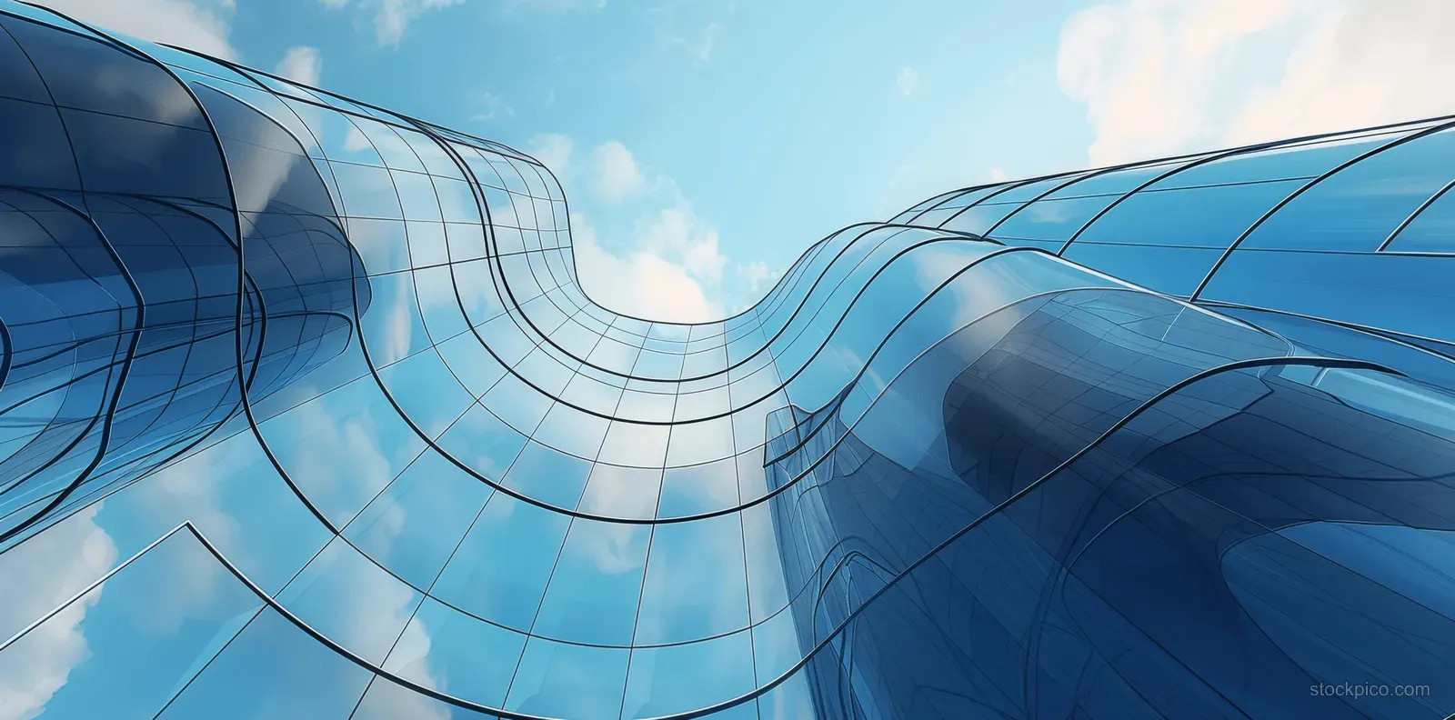 Reflective curved glass skyscraper facade with sweeping panel lines under a bright blue sky.