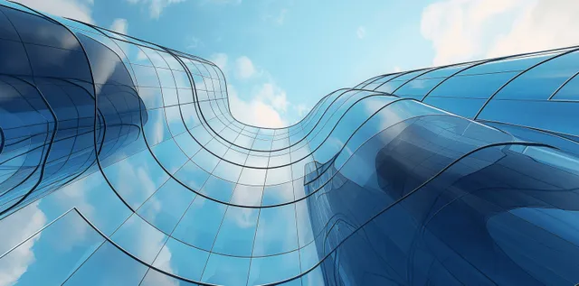 Reflective curved glass skyscraper facade with sweeping panel lines under a bright blue sky.