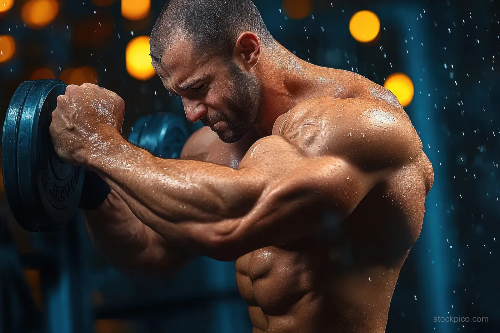 A muscular man intensely lifts a heavy dumbbell in a dim gym, with sweat and water droplets visible.