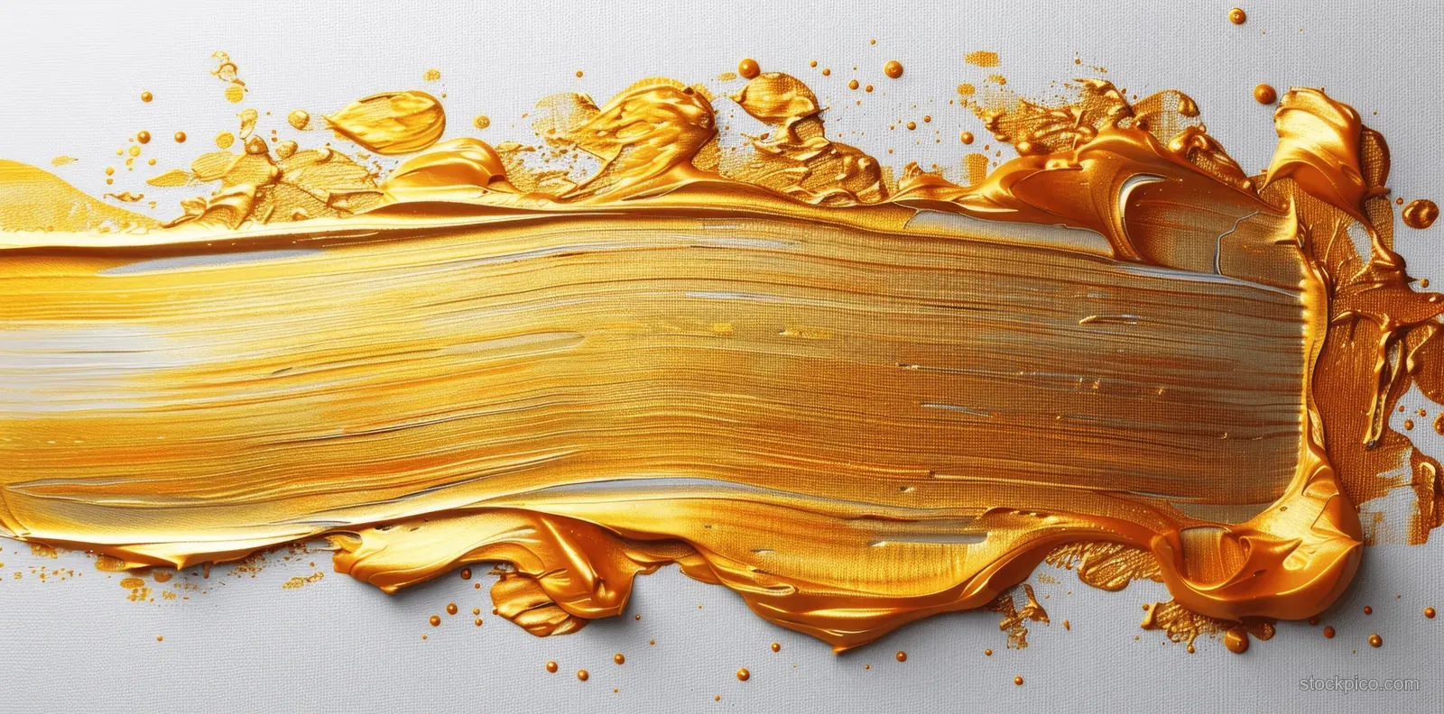 Golden impasto paint brushstroke with splashes and drips over a white background.