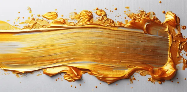 Golden oil paint brushstroke texture splashing on white background with impasto highlights