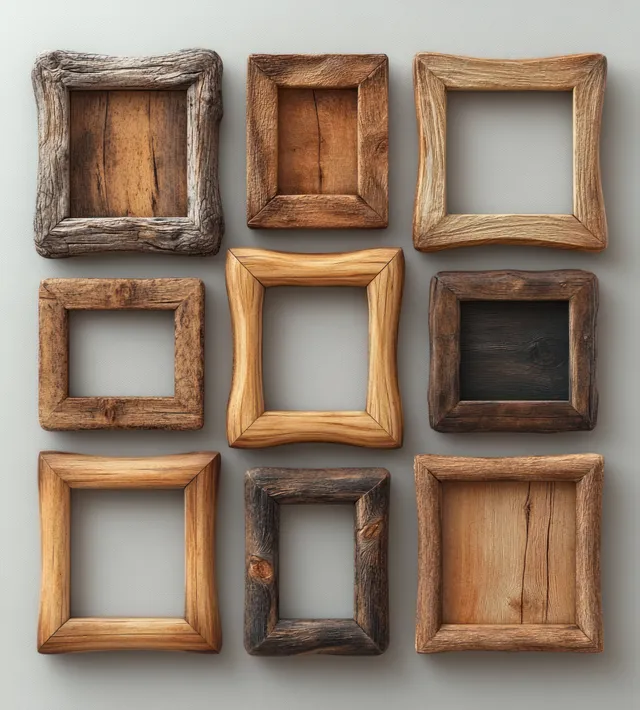 Minimalist wooden photo frames asymmetrically arranged on light gray background with soft shadows