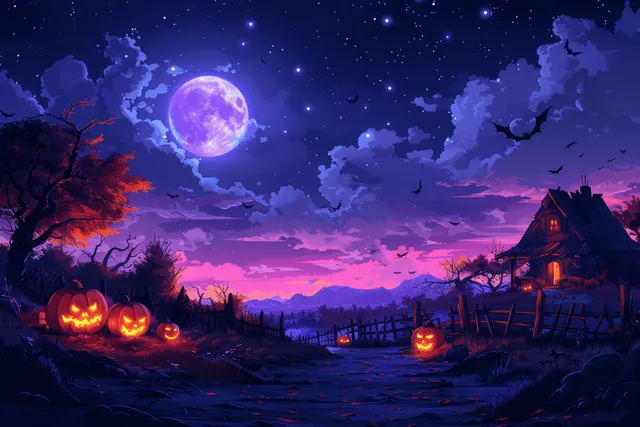 Haunted cottage and jack-o’-lantern pumpkins under a full moon with bats flying across a dark meadow.