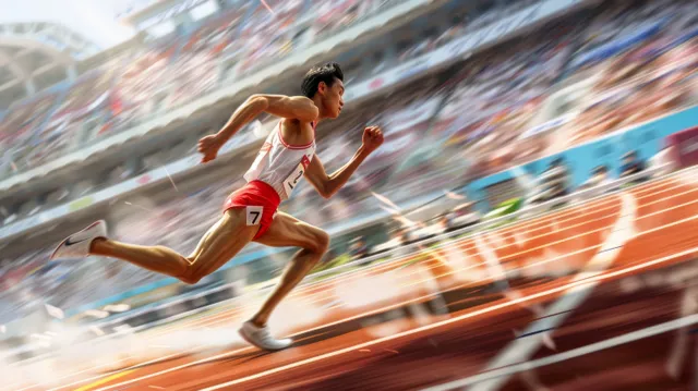Japanese runner surges through the finish straight in a blurred 5000m track race