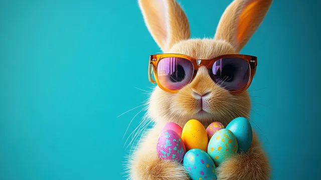 Brown rabbit wearing orange sunglasses holding colorful Easter eggs against turquoise background