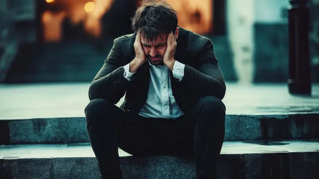 A suited businessman sits on outdoor steps at night, covering his head in despair beside a sidewalk wall.
