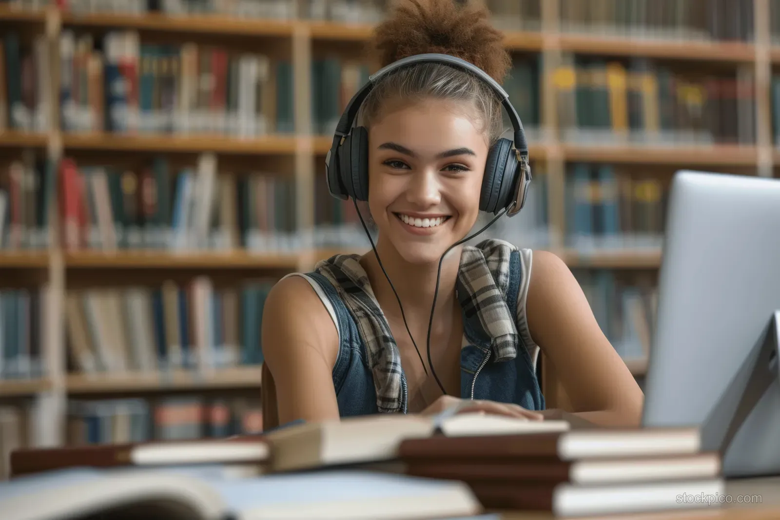 Smiling college student with headphones studies at a library desk with a laptop and stacked books.
