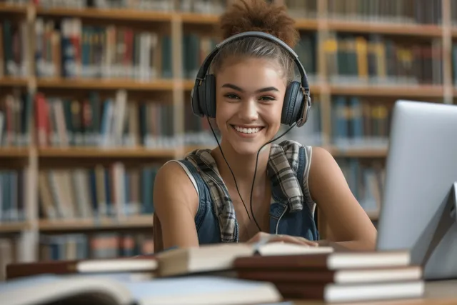 Smiling college student with headphones studies at a library desk with a laptop and stacked books.