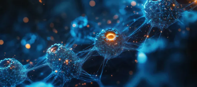 Glowing blue and orange neural network nodes connected by thin light lines in a dark digital background.