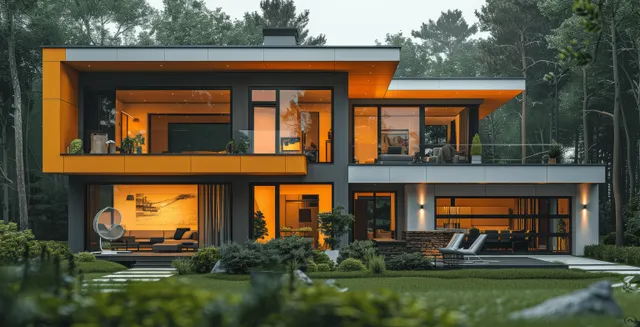 A construction manager holding blueprints stands before a modern yellow-roof house and garage exterior.
