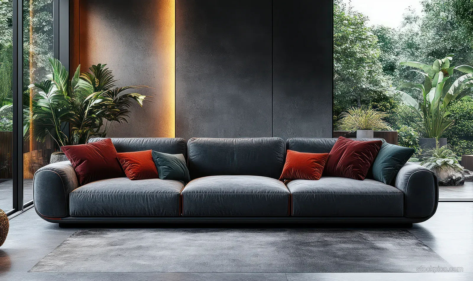 Dark gray sofa with red cushions in a minimalist living room, lit by warm lamps and framed by indoor plants.