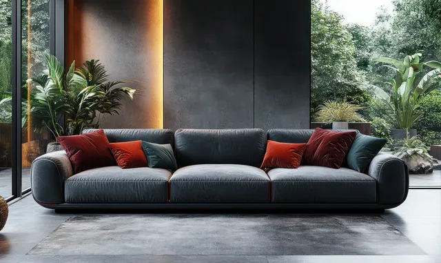 Dark gray sofa with red cushions in a minimalist living room, lit by warm lamps and framed by indoor plants.