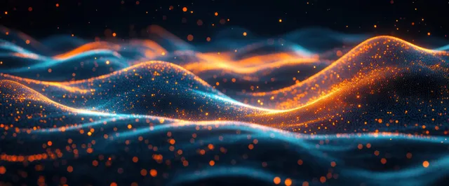 Glowing blue and orange particles flowing like waves across an abstract digital landscape