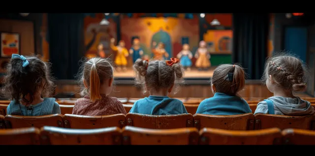 Children watch marionette puppets on a theatre stage from the front row under warm spotlight.