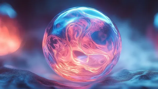 A glowing translucent orb with swirling pink and blue mist resting on a textured surface.
