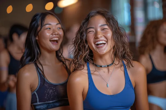 Two women joyfully Zumba dancing in a gym class with friends, captured mid-movement
